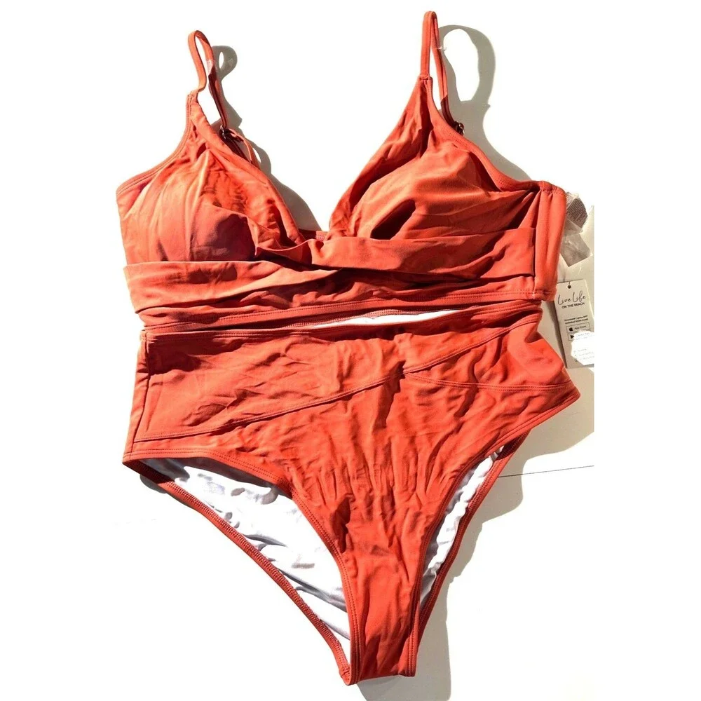 Cupshe Womens High-Waisted Bikini Set In Rust Adjustable Straps XL